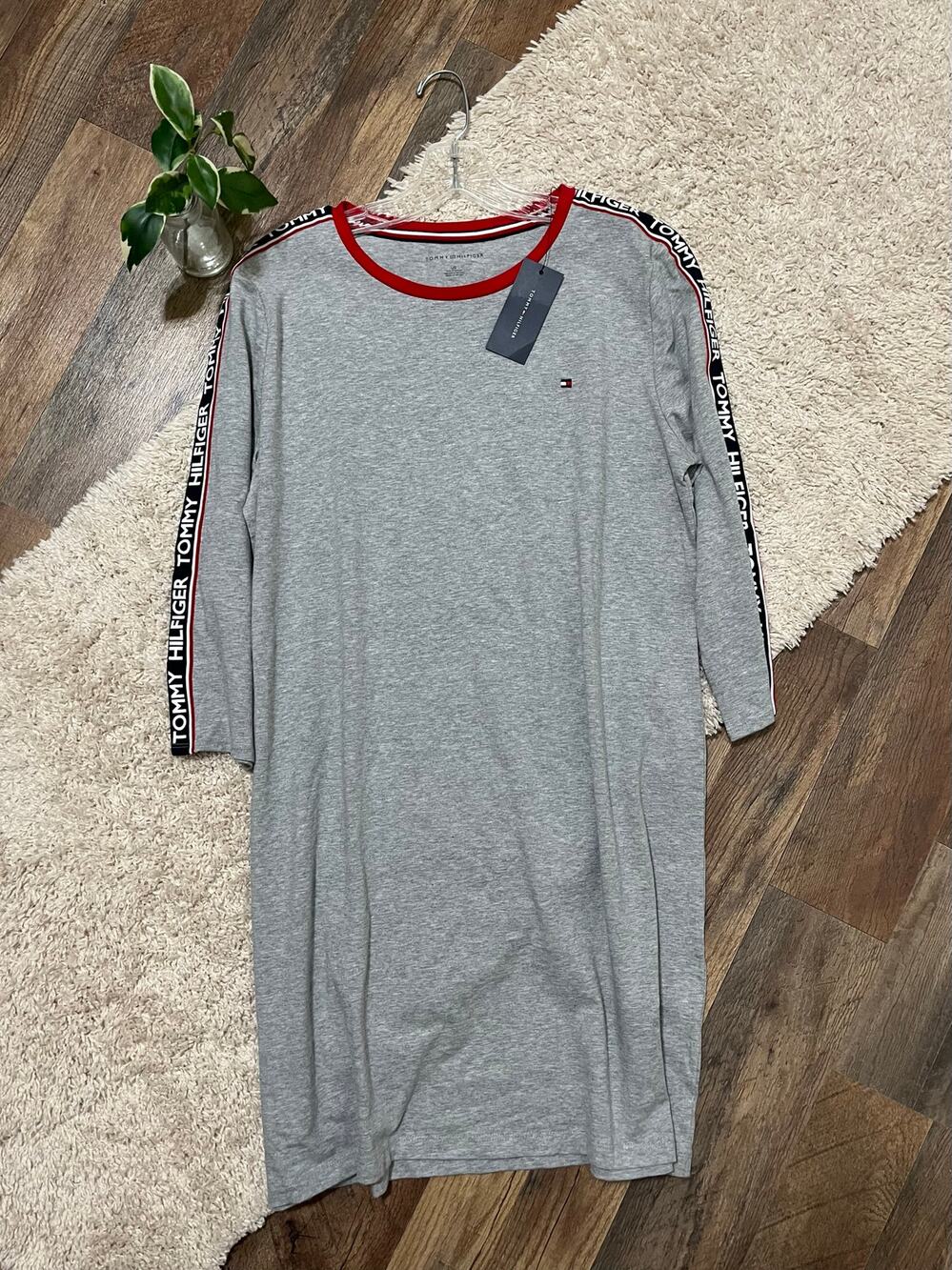 Tommy Hilfiger Large Gray Logo Taping 3/4 Sleeve Pullover Mini T-Shirt Dress NWT